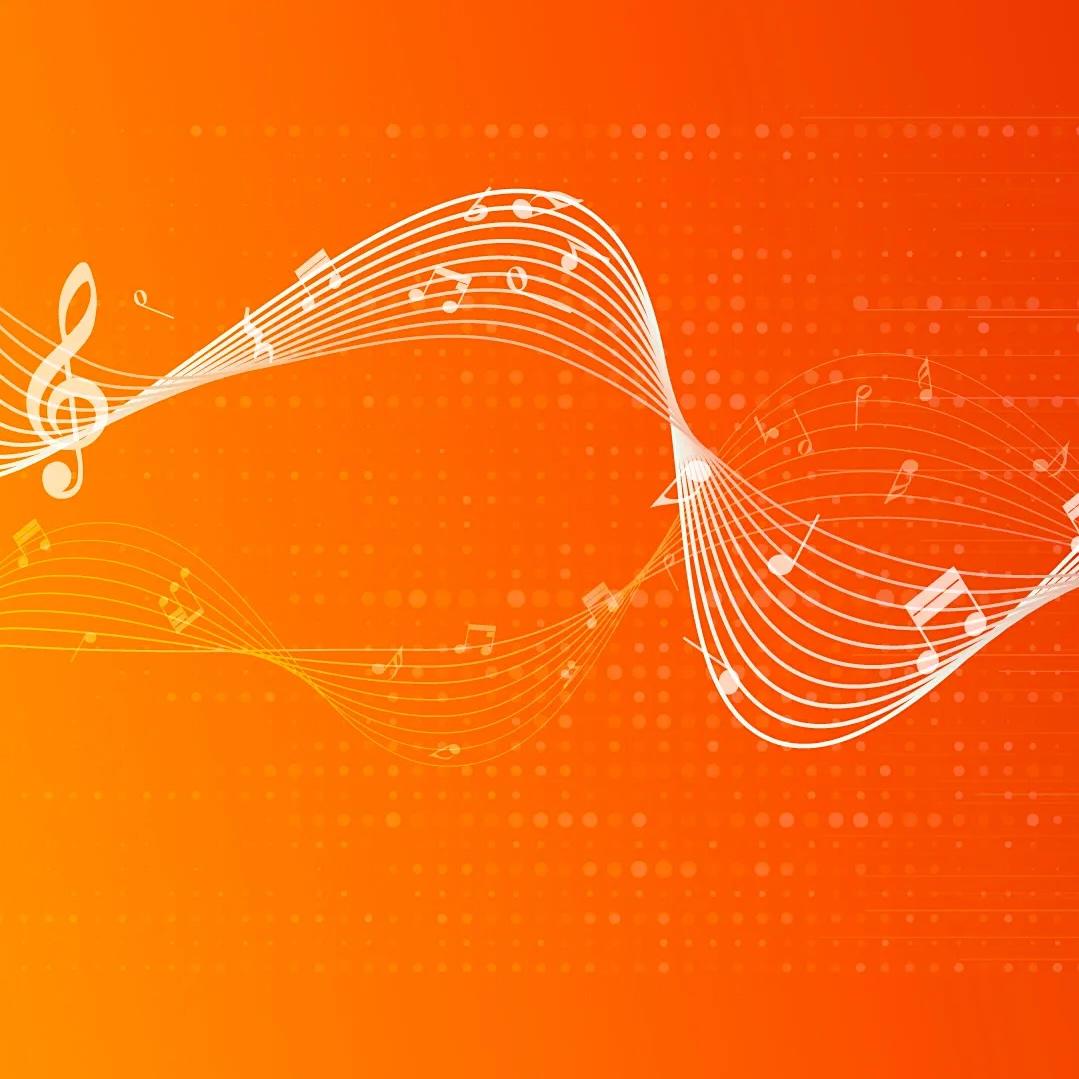 An abstract design featuring musical notes and sound waves on a gradient orange background.