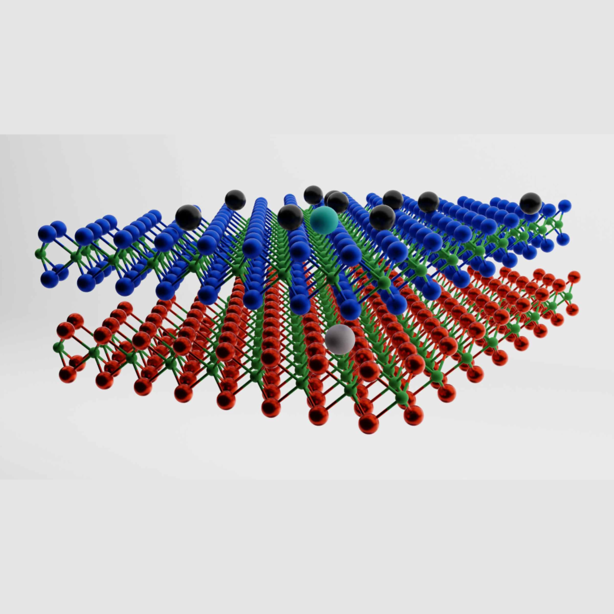 A 3D representation of crystal lattice structures, featuring layers of spheres in various colors: blue, red, green, and black, symbolizing different atomic components arranged in a grid pattern.