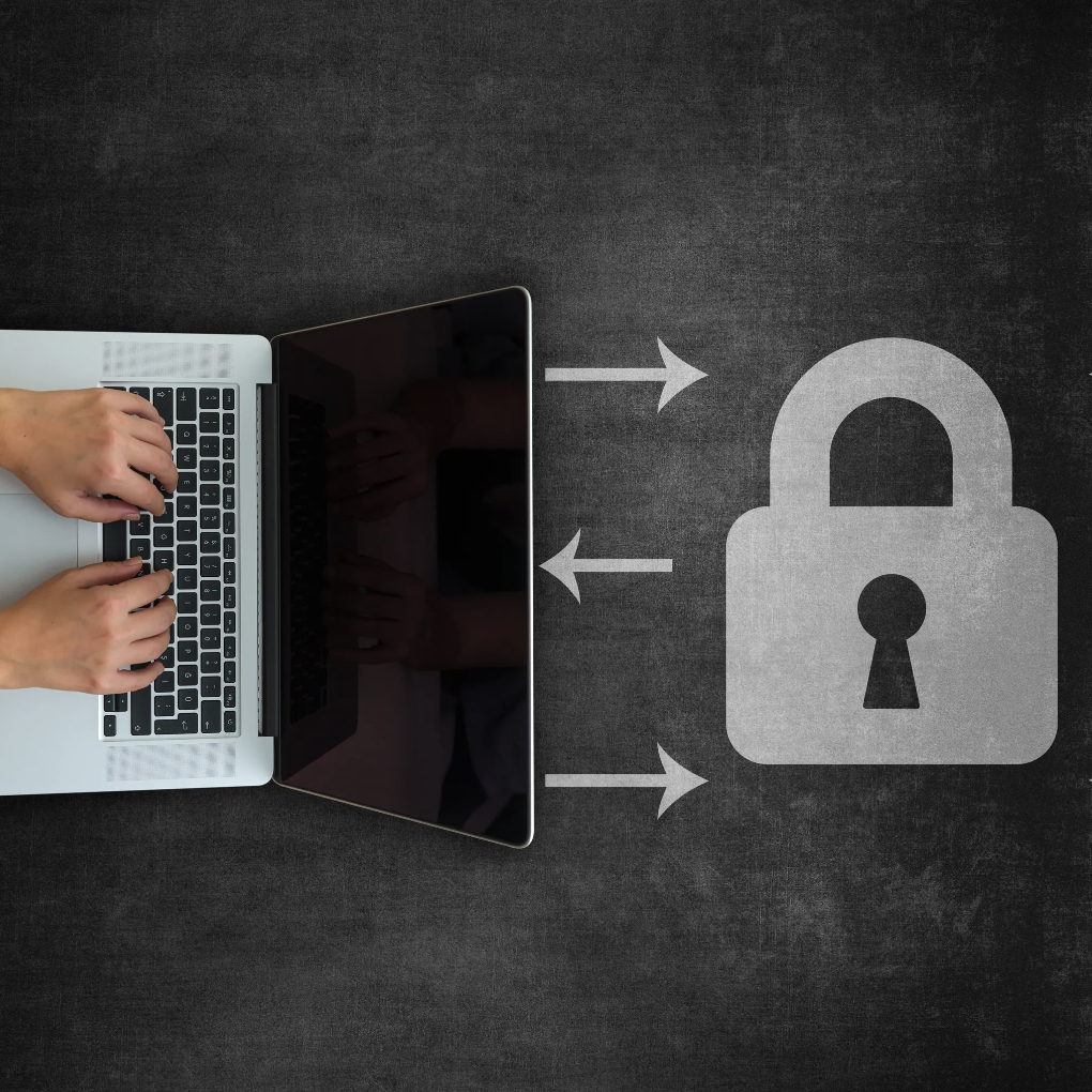 laptop with arrows pointing to and from lock to demonstrate security