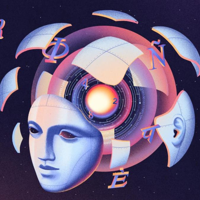 A mask resembling a human face breaks apart with numbers and letters surrounding it