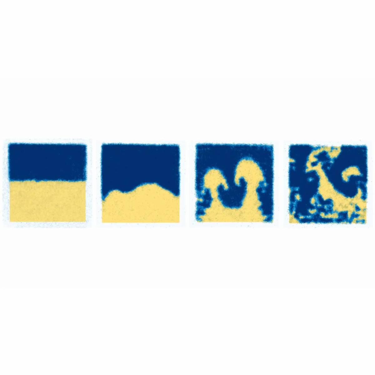 Four squares showing blue and yellow areas represent two different superfluids, which each react differently to magnetic fields. 