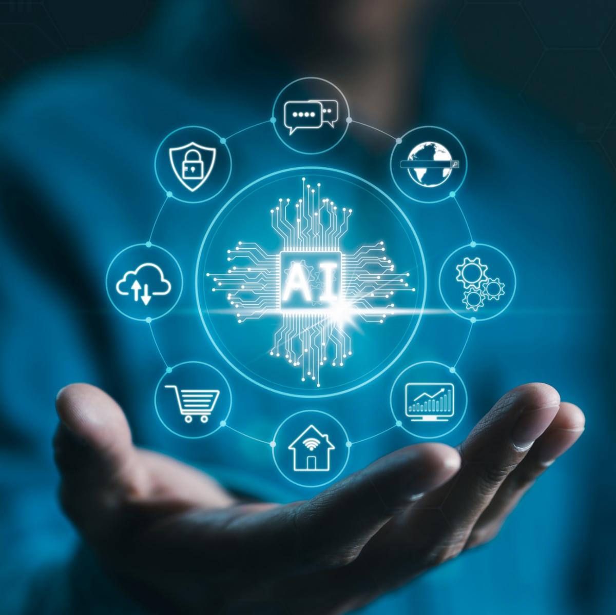 hand holding AI hologram