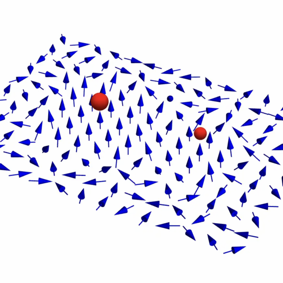 the orientation of quantum particles with spin (the blue arrows) are influenced by the presence of the masses (represented by red balls).