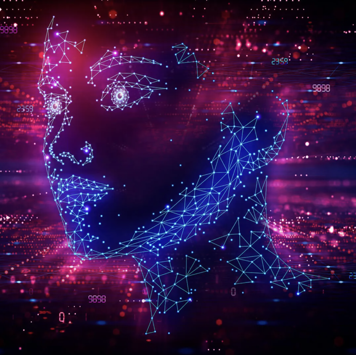 Blue and pink lines form a stylized human face against a dark background.