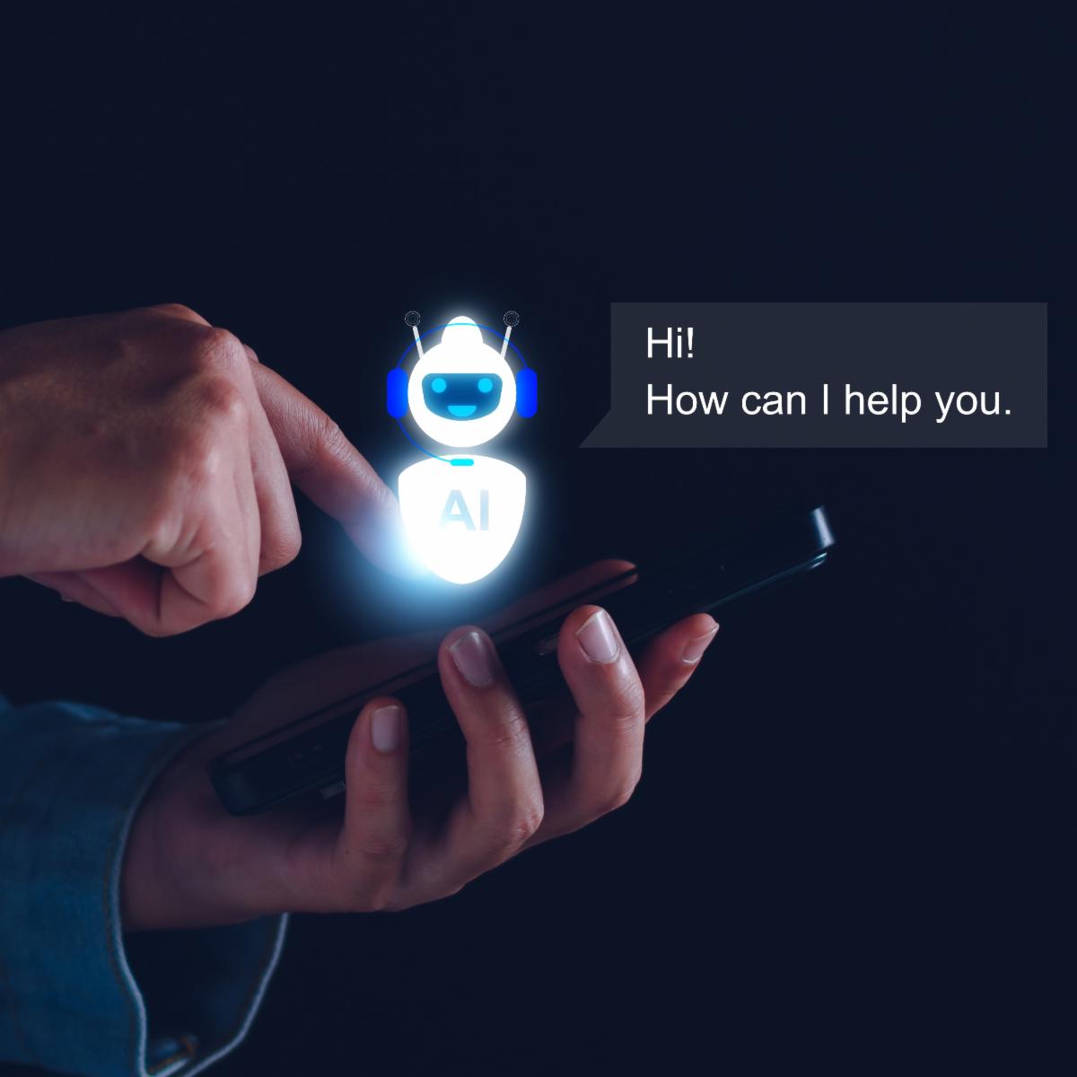 robot AI assistant hovers above a smartphone asking "Hi how can I help you?"