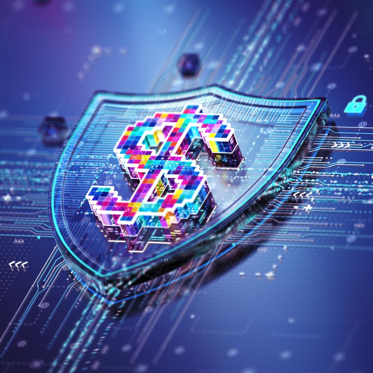 A colorful dollar sign sits atop a blue shield against a blue digital-looking background. 