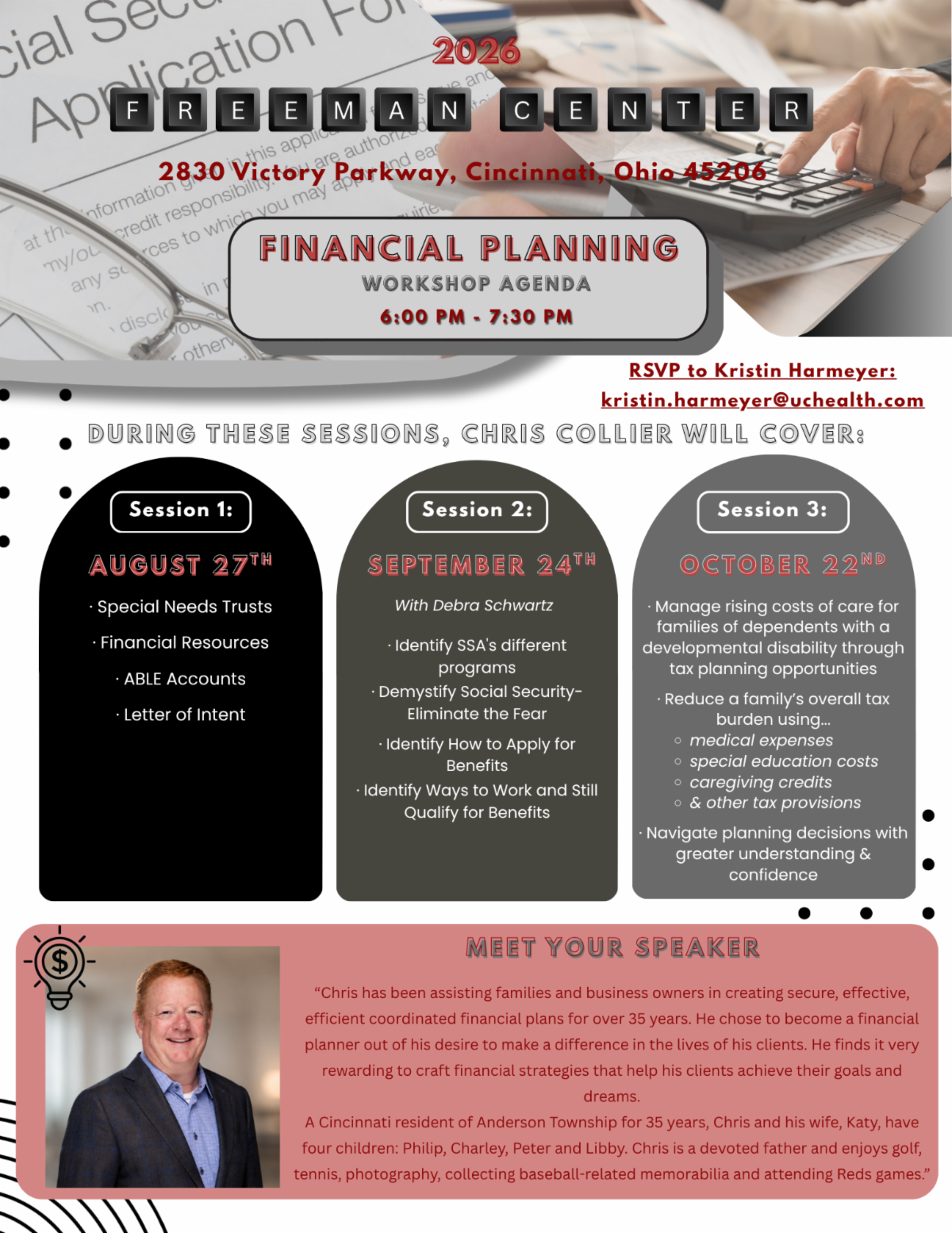 2026 Freeman Center Financial Planning Workshop Agenda from 6-7:30 on August 27th, September 24 and October 22.