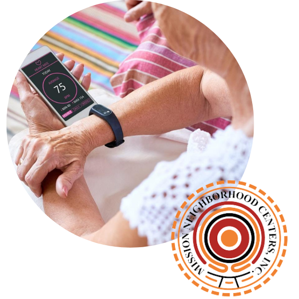 MNC logo overlaid on photo of an older woman with a smartphone and fitbit checking her heartrate