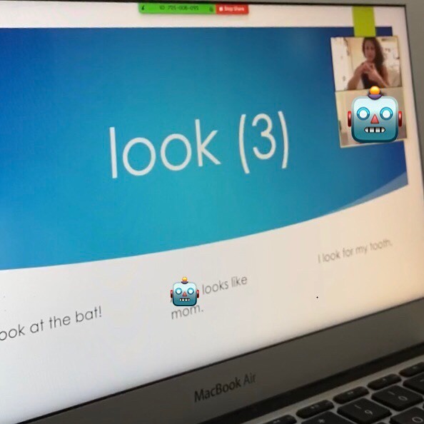 Computer screen with the word look with the number 3 in parentheses with a blue background right top corner video of teacher and student with student face covered 3 sentences on the bottom showing multiple meaning for the word look 