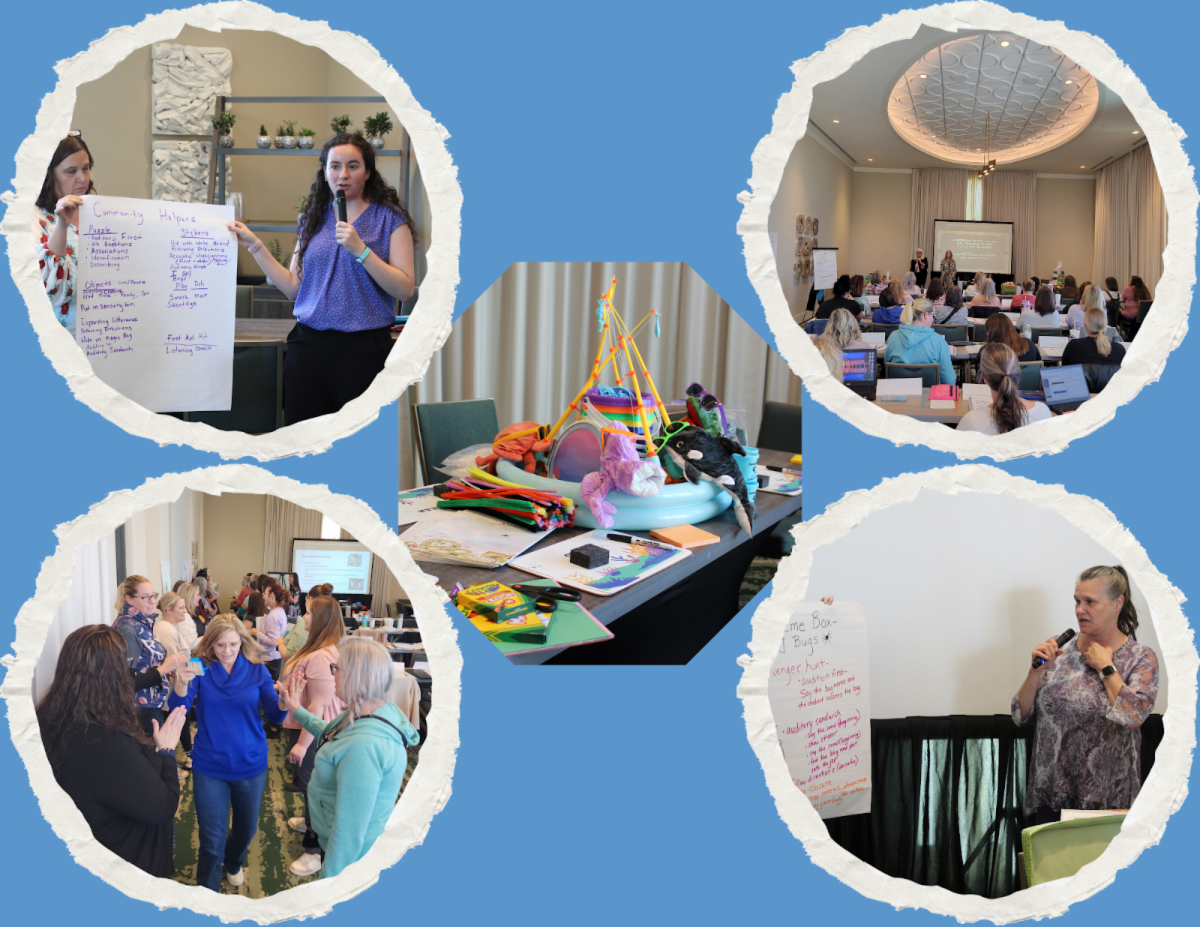 5 pics making a collage with the theme materials for ocean in the middle and various pics of stakeholders presenting and participating