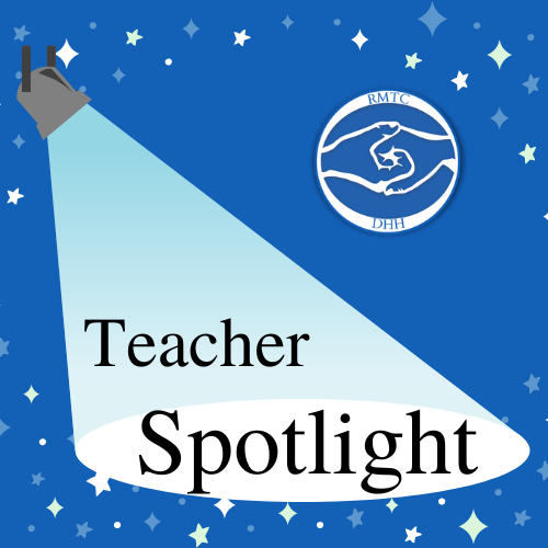 Spotlight shining on words Teacher Spotlight with RMTC logo in top right corner and stars in a border around