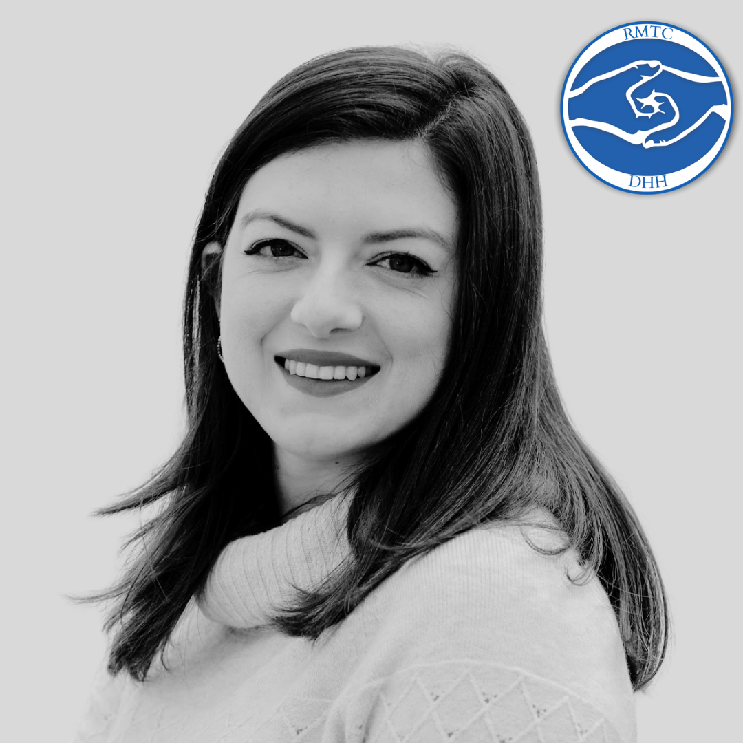 Head Shot of New RMTC Team Member  Sara Tinti in black and White with the RMTC logo on the top left corner