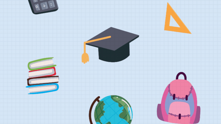 A white cloud with with blue words reads welcome back below the RMTC logo. School supplies float down behind the cloud