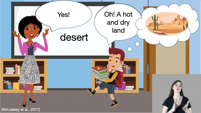 GIF from TA-LIVE video 22 on positive constructive feedback with the word desert on the board  Teacher stands in front of a student and says yes when the student responds Oh a hot and dry land  