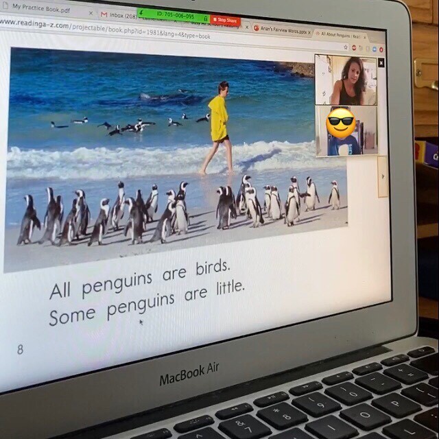 Reading A to Z book on a computer screen with a boy and penguins walking on the beach and seagulls flying around above the waves on top right corner video of teacher and student with student face covered