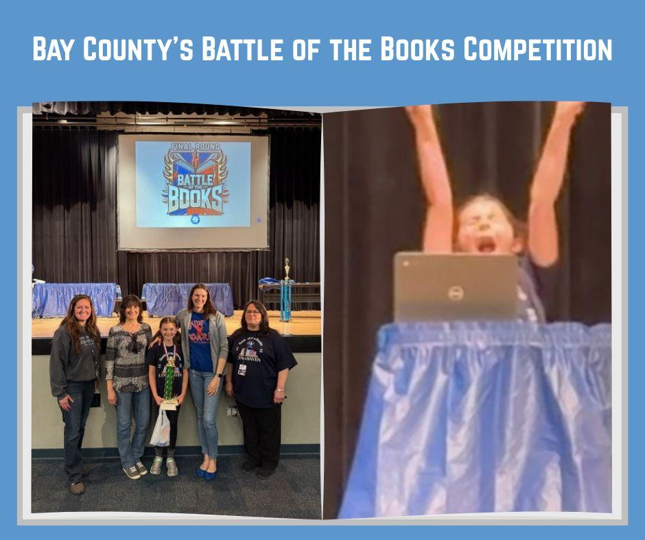 Image one Loxie Smith holding 1st place trophy and wearing a medal with mom Cami and teachers  Image two Loxie Smith with laptop in front of her raising hands and celebrating winning the championship