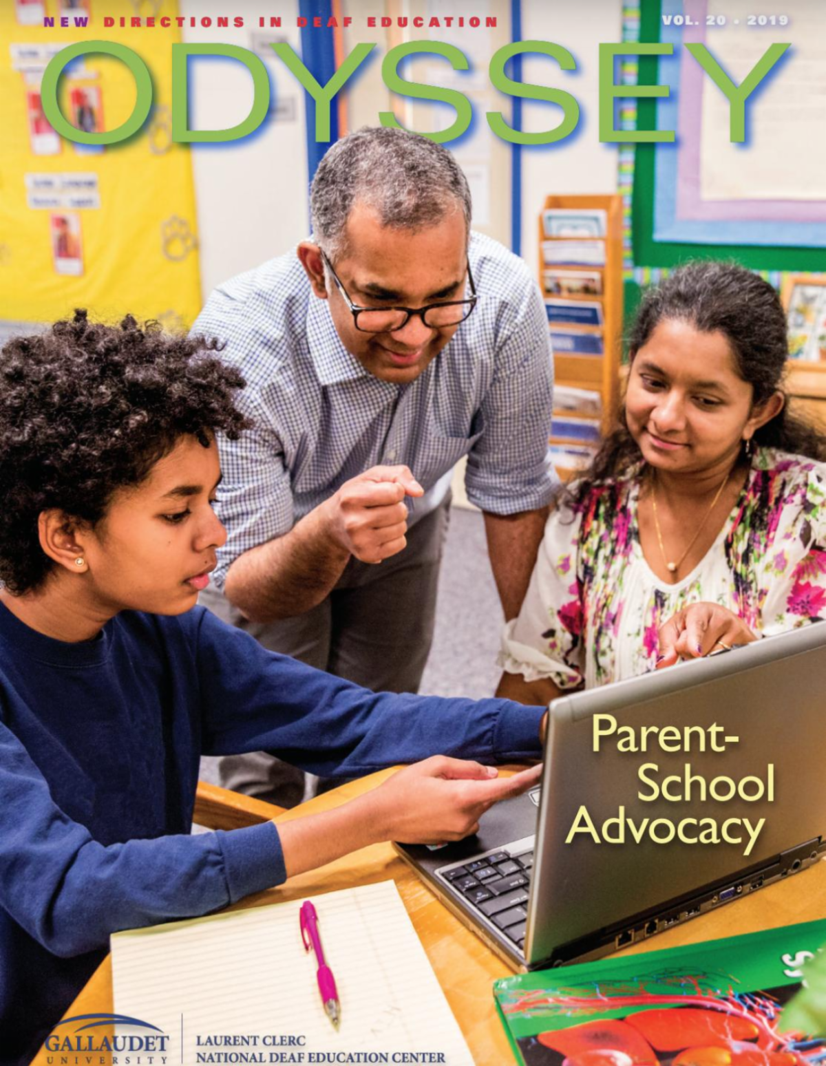 Cover of the 2019 Odyssey magazine picturing a student on a laptop sitting next to her mother and a teacher pointing at the computer standing between them all are smiling words read Parent School Advocacy