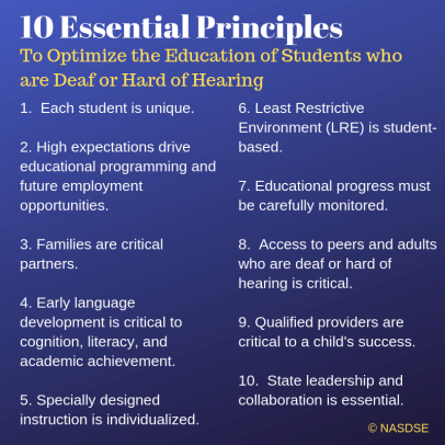 Ten Essential Principles for Effective Education of Students who are Deaf or Hard of Hearing 1 Each Student is unique 2 High expectations drive educational programming and future employment opportunities 3 Families are critical partners 4 Early language de