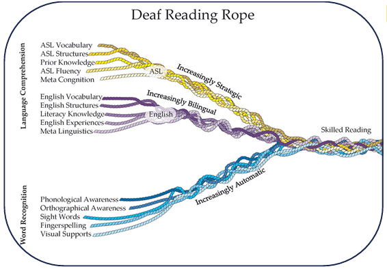 Image of The Deaf Reading Rope includes three strands asl language comprehension English Language Comprehension word recognition 