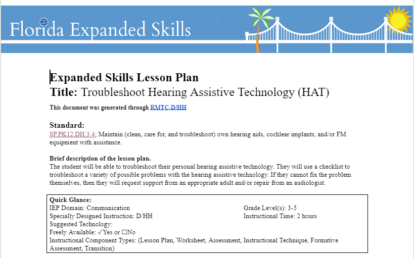 Screenshot Expanded skills Lesson Plan for HAT