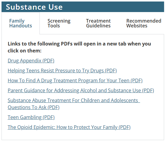 Preview of Substance Use resource section.