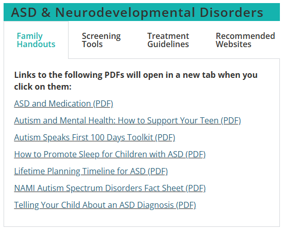 ASD & Neurodevelopmental Disorders section of the MC3 Pediatric Resource Library.