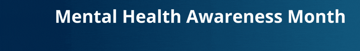 Heart and brain icon next to white text reading Mental Health Awareness Month, Turn awareness into action.