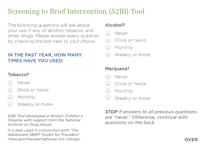 Preview of S2BI screening tool.