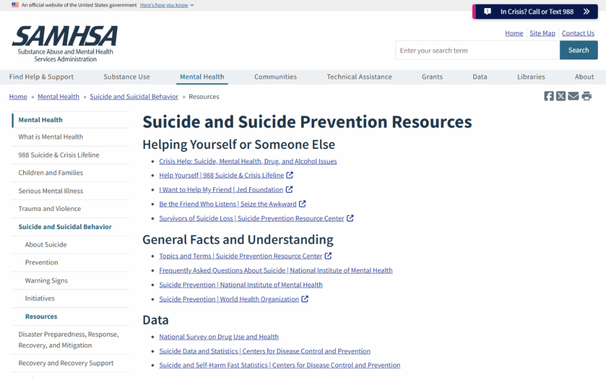 Preview of SAMHSA resources page.
