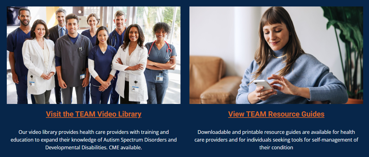 TEAM Autism Toolkit web page with links to video library and resource guides.