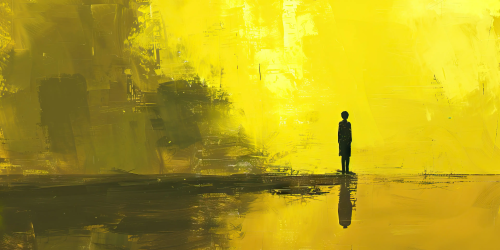 Moody yellow illustrated landscape with dark silhouette of a person.