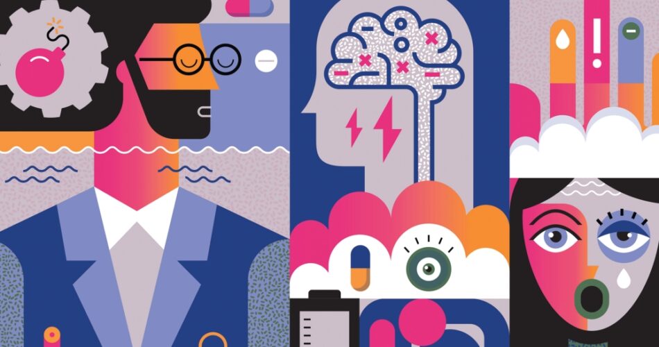 Mental health icons with illustration of male psychiatrist.
