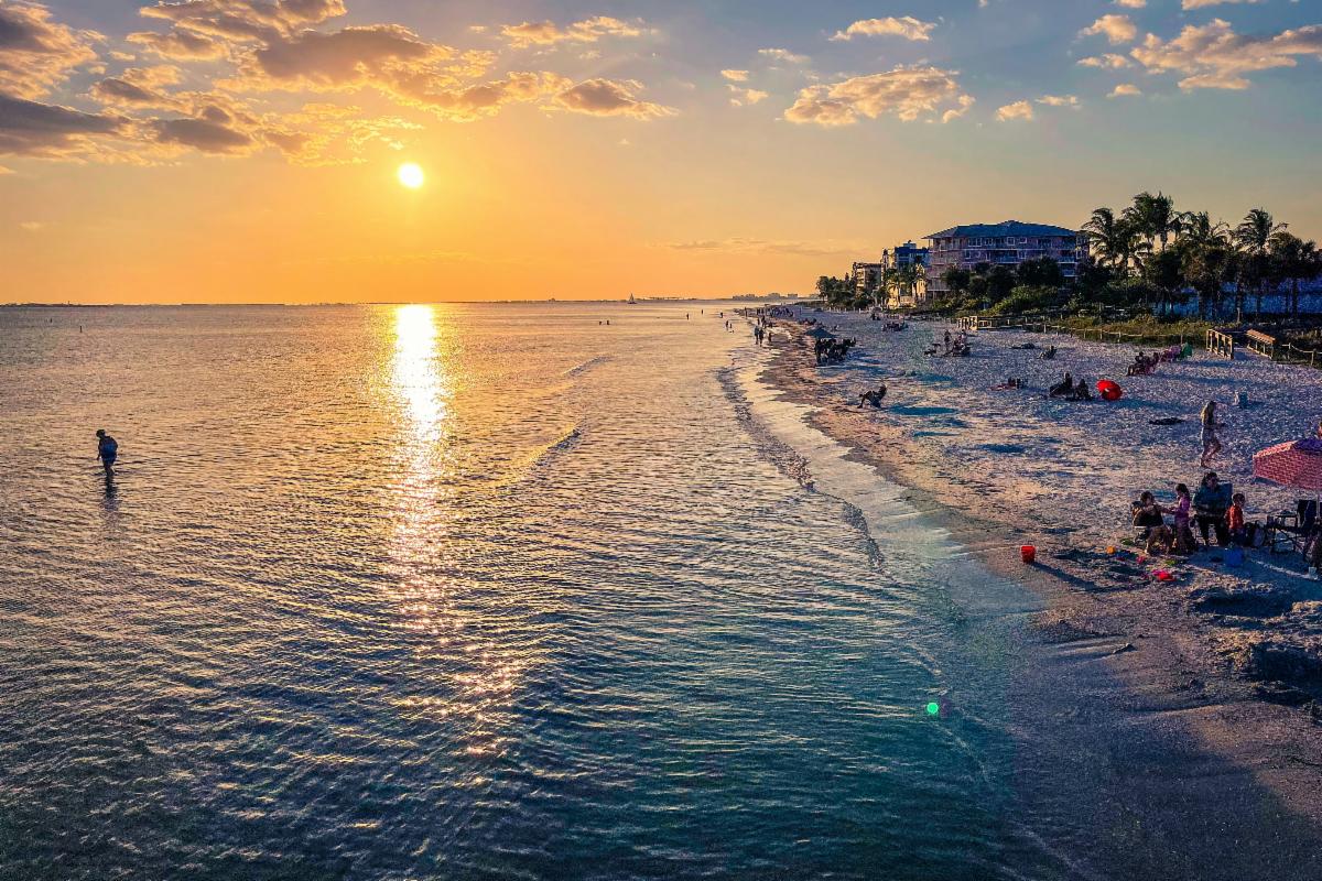 View of the shoreline at sunset on Fort Myers Beach