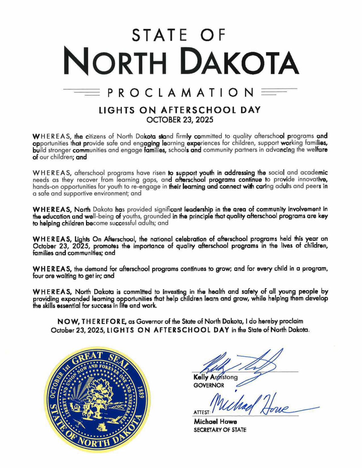 proclamation from the state of north dakota declaring october 23 as lights on afterschool day