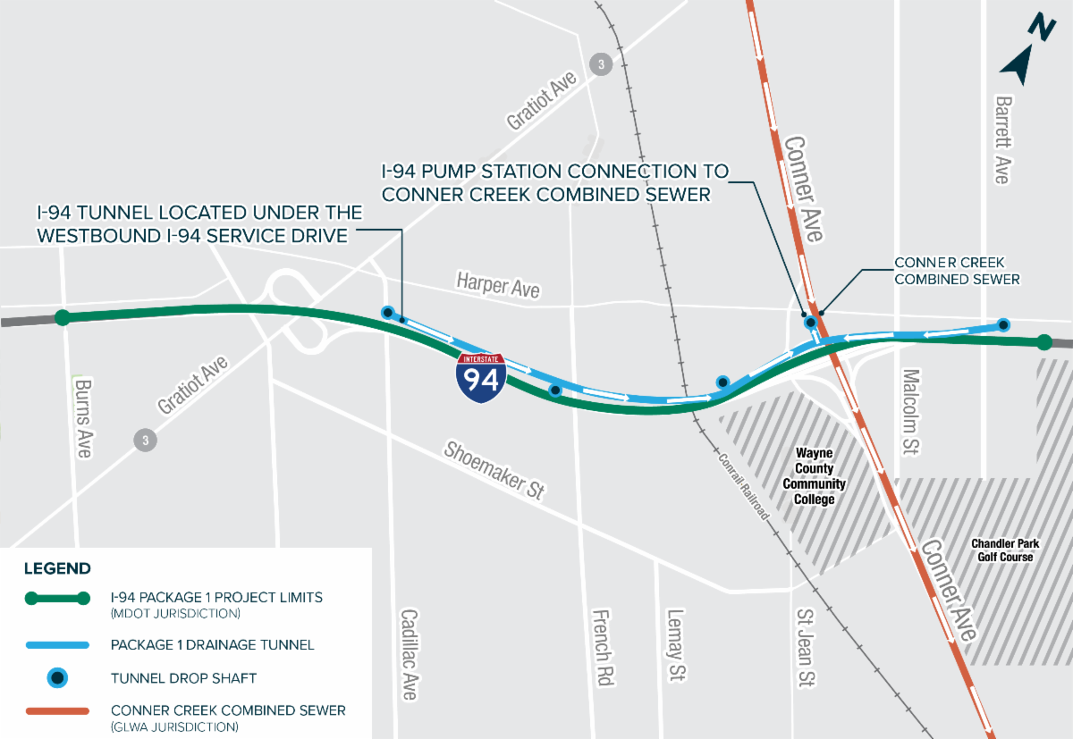 Map of the I-94 Package 1 project limits from Burns to east of Barrett avenue. The drainage tunnel, to be built as part of Package 1, stretches from Cadillac Avenue to east of Barrett Avenue. The map also shows the five drop shaft locations and the Conner Creek combined sewer line down Conner avenue. 