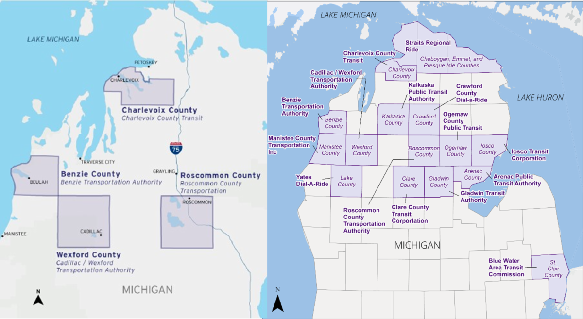 Side‑by‑side maps of northern Michigan showing rural transit service areas and providers. The left map shows the first four pilot transit agencies a part of ARMP, highlighting the four shaded counties with labels for their transit agencies: Charlevoix County (Charlevoix County Transit) at the top, Benzie County (Benzie Transportation Authority) to the southwest near Traverse City, Wexford County (Cadillac/Wexford Transportation Authority) farther south, and Roscommon County (Roscommon County Transportation) to the east.   The right map shows the expanded number of transit agencies across northern Michigan. Counties and transit agencies highlighted that have joined ARMP include: Straits Regional Ride; Charlevoix County Transit; Cadillac/Wexford Transportation Authority; Benzie Transportation Authority; Manistee County Transportation; Yates Dial‑A‑Ride; Roscommon County Transportation Authority; Clare County Transit Corporation; Gladwin Transit Authority; Arenac Public Transit Authority; Iosco Transit Corporation; Crawford County Dial‑A‑Ride; Kalkaska Public Transit Authority; Ogemaw County Public Transit; Blue Water Area Transit Commission; and St. Clair County. The overall purpose of the map graphics is to show the expansion of transit agencies and the counties they are located in that have joined ARMP in 2026.