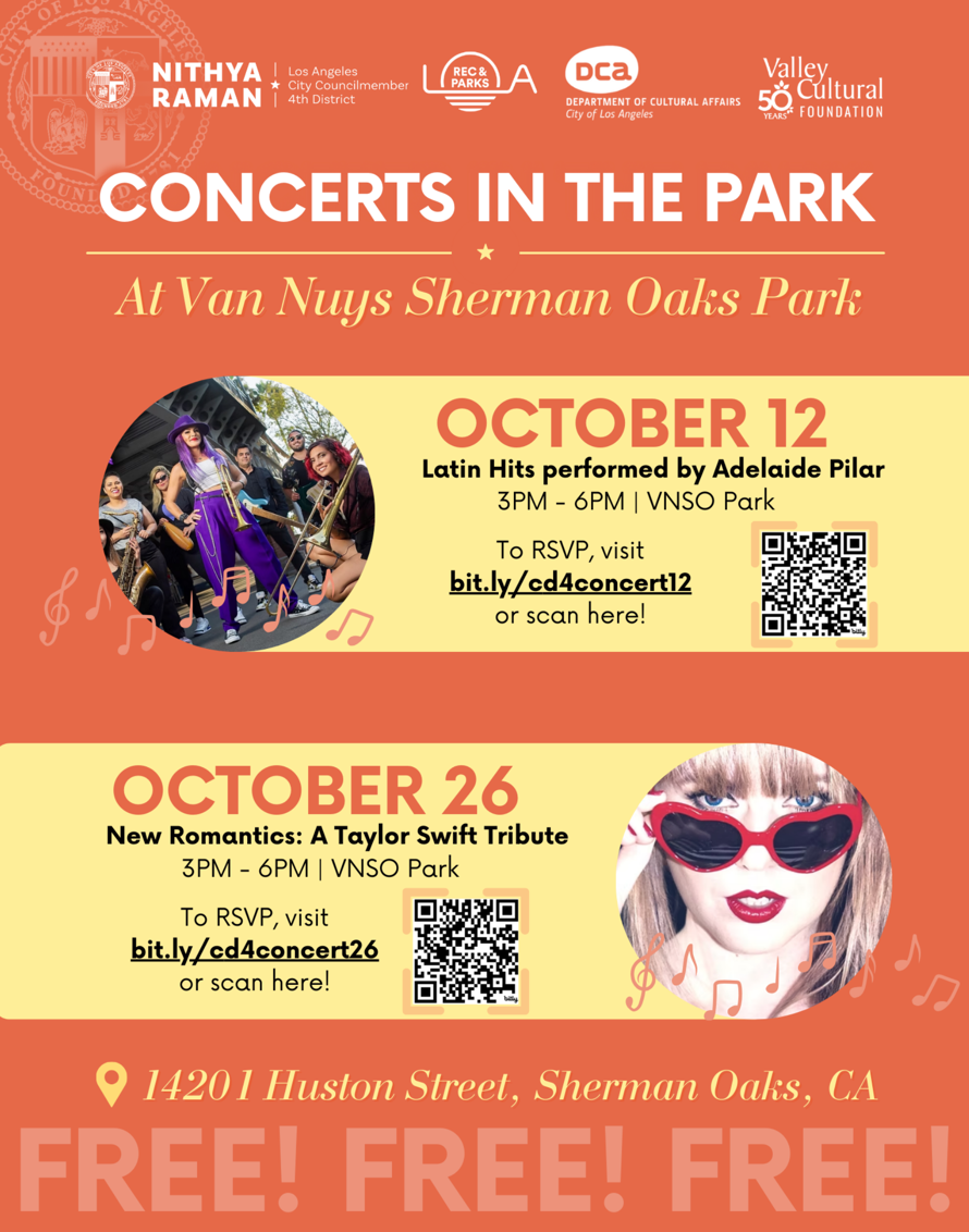 Free Concerts at Van Nuys Sherman Oaks Park. Oct 12 3pm Latin Hits & Oct 26 3pm Taylor Swift Tribute
