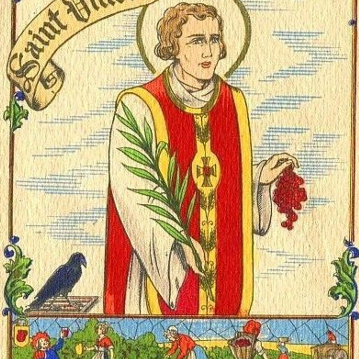 Stained glass image of St. Vincent holding grapes