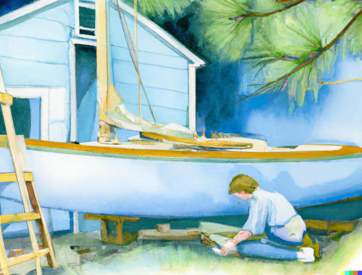 A man building a sailboat in his back yard