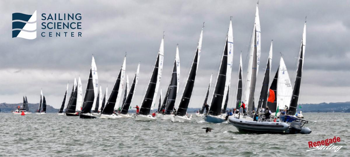 A fleet of J boats lines up for a start in the 2023 Rolex Big Boat Series