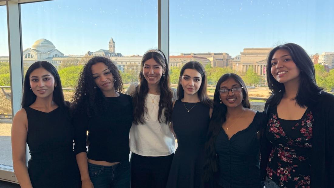 Pictured from left to right: LAVC Speech & Debate Team’s Amna Shah, Bree Hatcher, Amy Llamas, Arpi Danielyan, Jasmine Varkey, and Emily Merino at the 2026 Phi Rho Pi National Forensics Competition in Washington, DC. 
