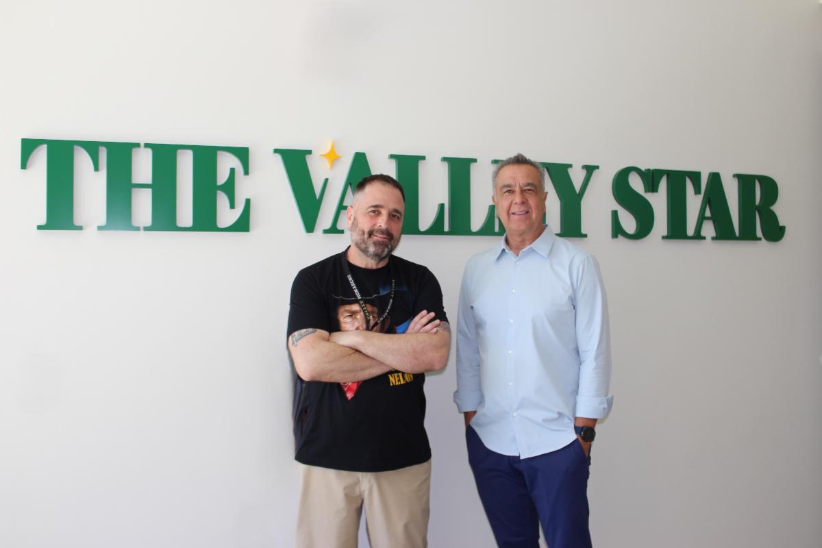 LAVC Journalism Professors Brian Paumier and William Dauber stand in front of the Valley Star Newsroom