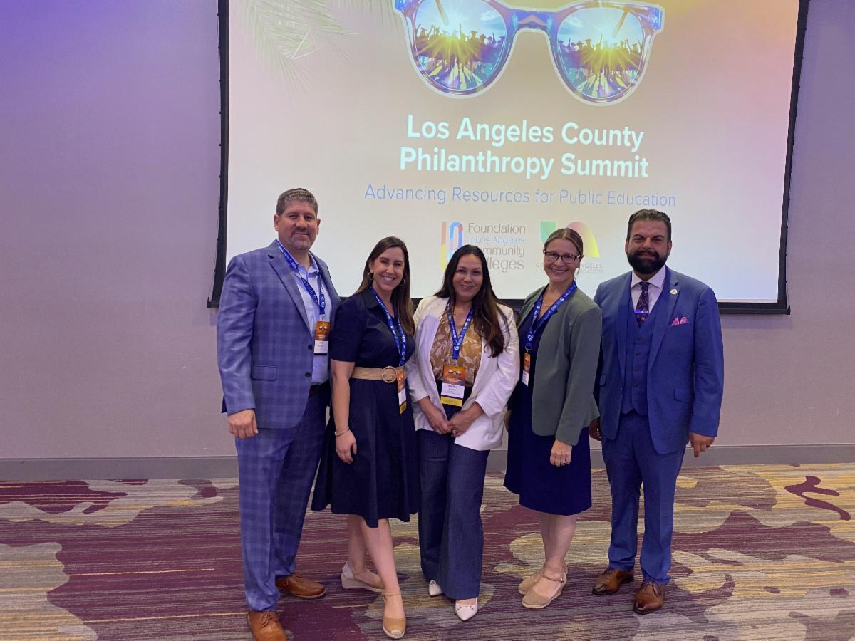 L to R: West Los Angeles College Foundation Director Jerry DeFelice, Foundation for Los Angeles Community Colleges Executive Director Kelly King, Los Angeles City College Foundation Director Martha Esparza, Los Angeles Valley College Foundation Director Andrea Schmitt, East Los Angeles College Foundation Director Armond Aghakhanian. 