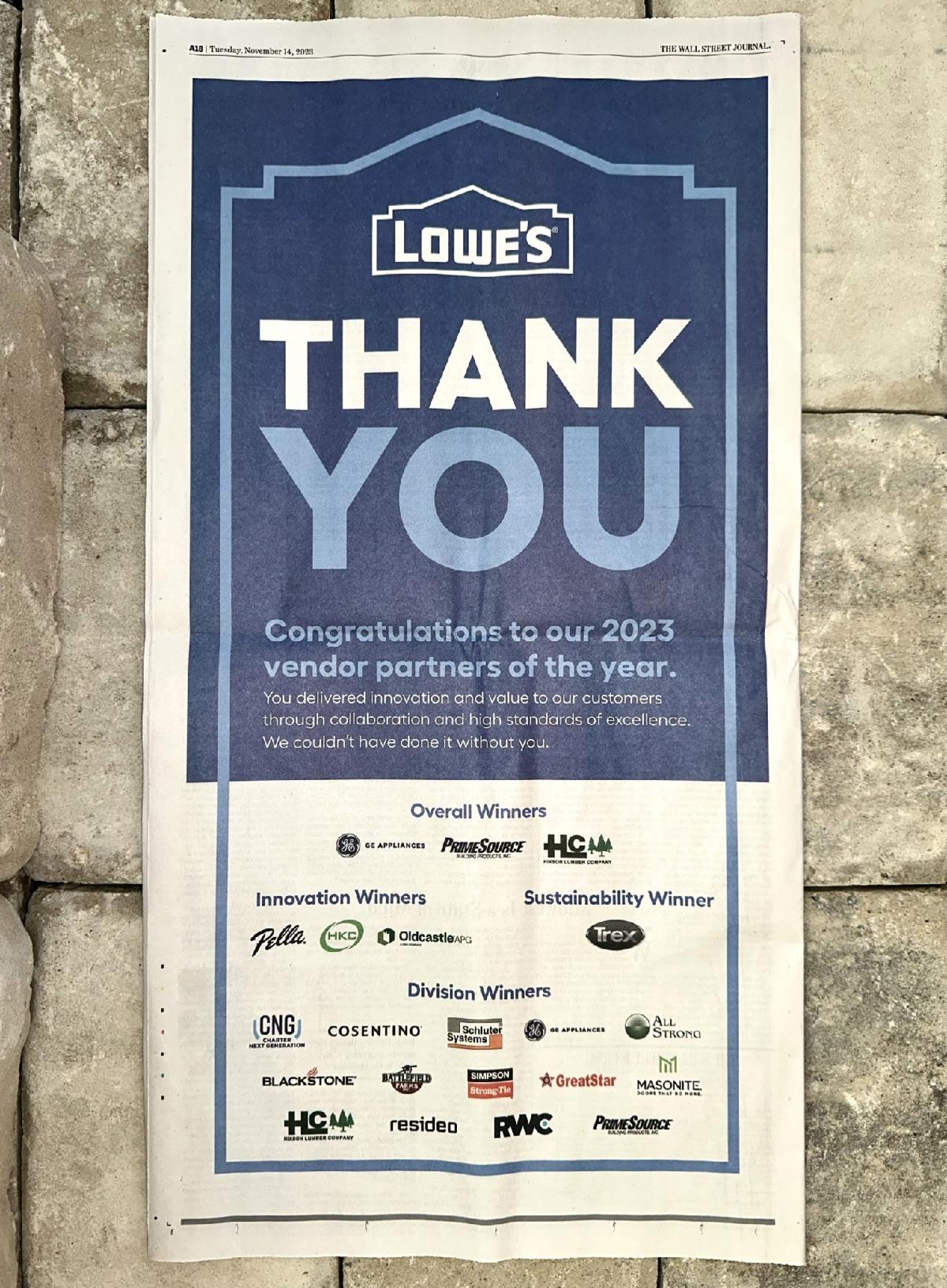 APG Wins Lowe's Vendor Partner Award