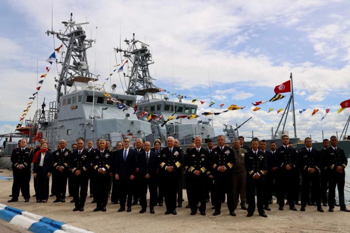 Tunisian Navy officers stand at the front of the two newly commissioned Island-class patrol boats during a ceremony at La Goulette Naval Base on April 17, 2025. (Picture source: U.S. DoD)