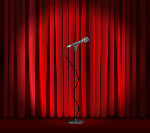 Vintage metal microphone against red curtain backdrop. mic on empty theatre stage_ vector art image illustration. stand up comedian night show or karaoke party background. realistic retro design eps10