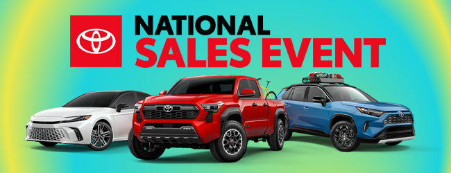 National Sales Event Logo with three vehicles below; A white Camry, a red Tacoma and a blue Rav4.