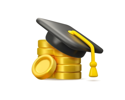 Reimbursement of education expenses. Scholarship vector 3d icon isolated. High school tuition illustration. Graduate cap and stack of golden coins