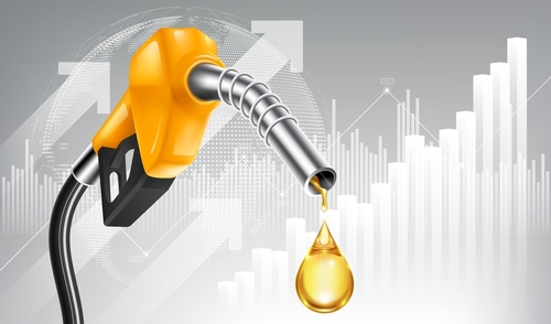 Oil price rising concept Gasoline yellow fuel pump nozzle isolated with drop oil on growth bar chart background_ vector illustration