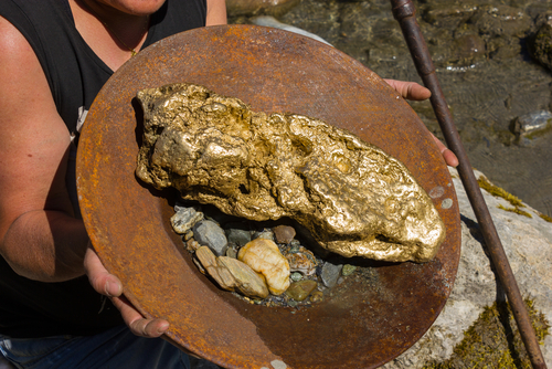 Gold Nugget mining from the River_ with a gold pan_ and find some big gold nugget.